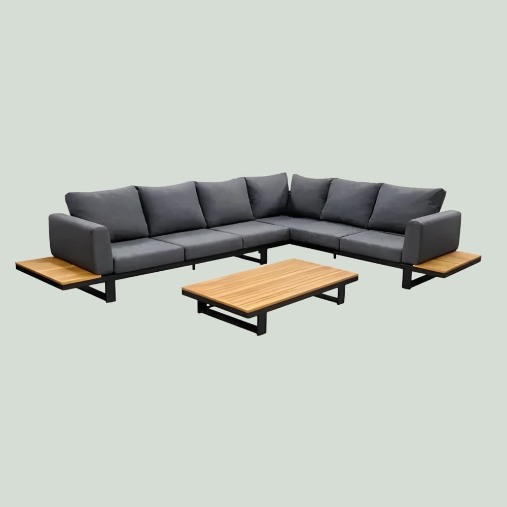 YOI Funsui loungeset compleet + coffee table aluminium black/teak + armleuningen - black/teak/panthe