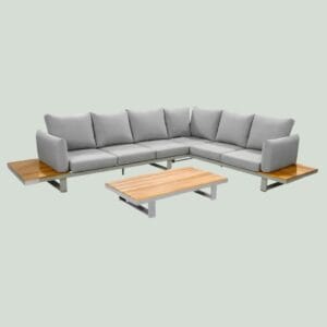 YOI Funsui loungeset compleet + coffee table aluminium salix/teak + armleuningen - salix/teak/wheat