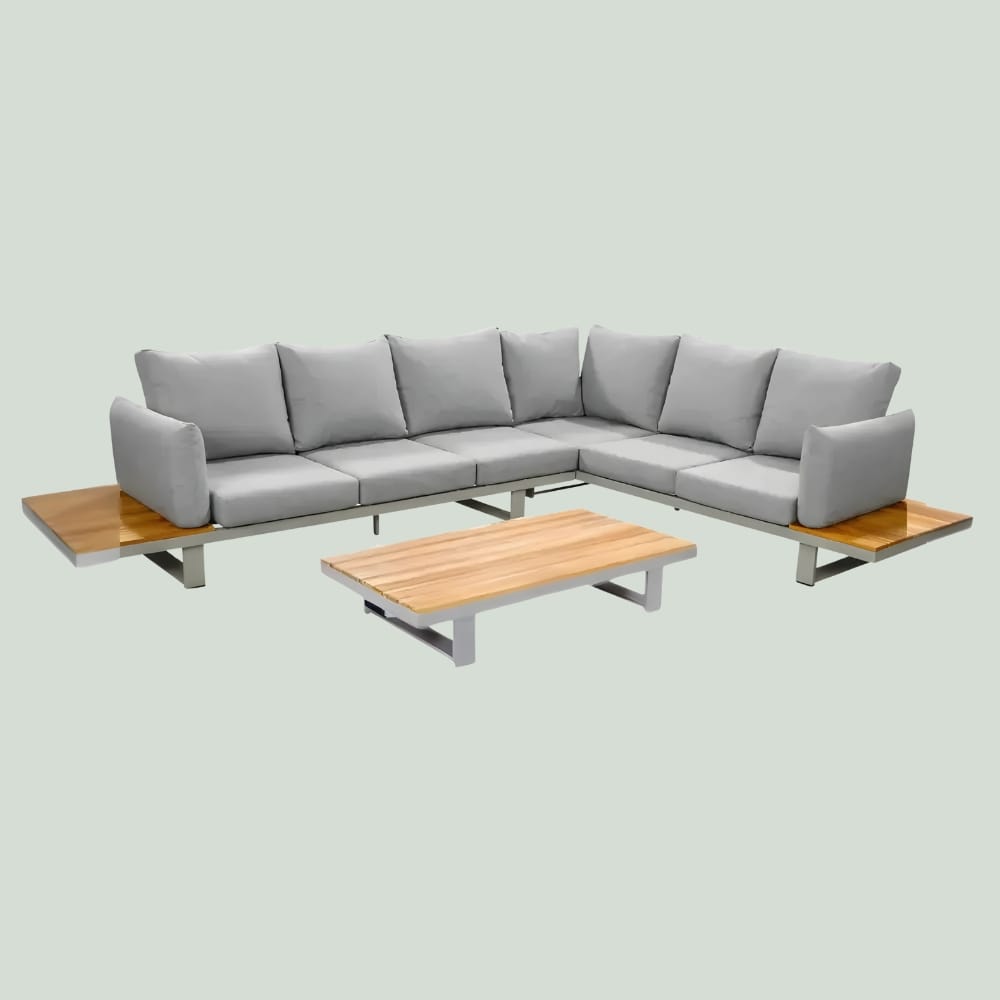 YOI Funsui loungeset compleet + coffee table aluminium salix/teak + armleuningen - salix/teak/wheat