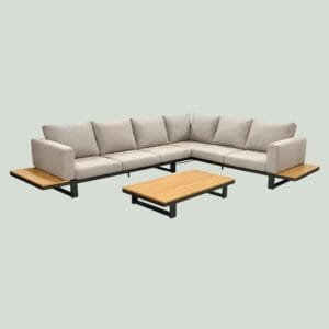 YOI Funsui loungeset compleet + coffee table aluminium black/teak + armleuningen - black/teak/flx bg